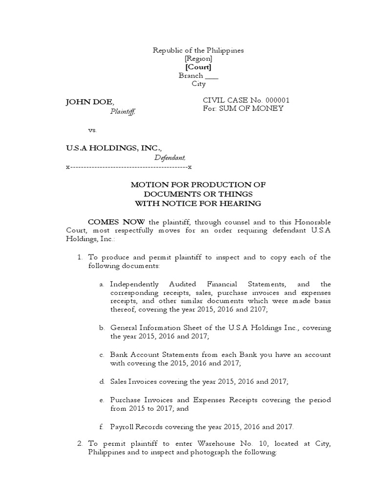 Motion for Production of Documents Sample Receipt Common Law