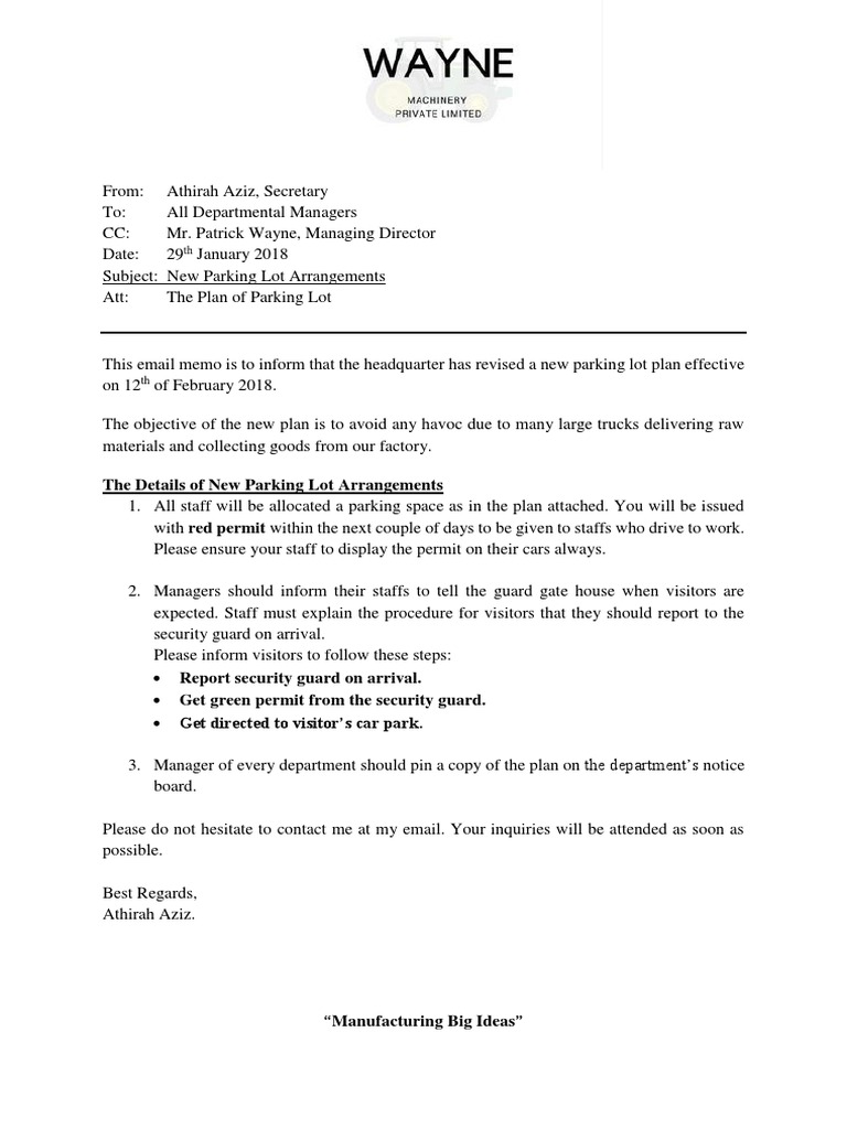 New Parking Lot Arrangements Memo | PDF