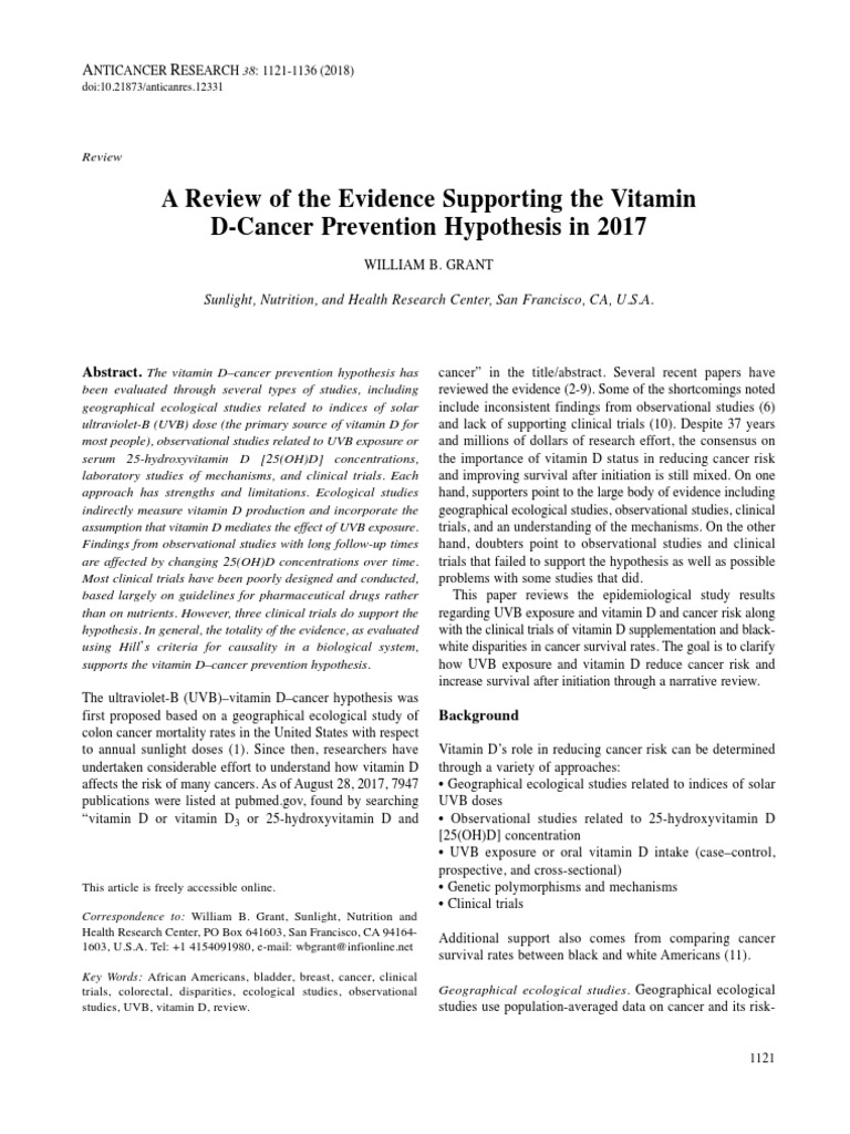 A Review of The Evidence Supporting The Vitamin DCancer Prevention