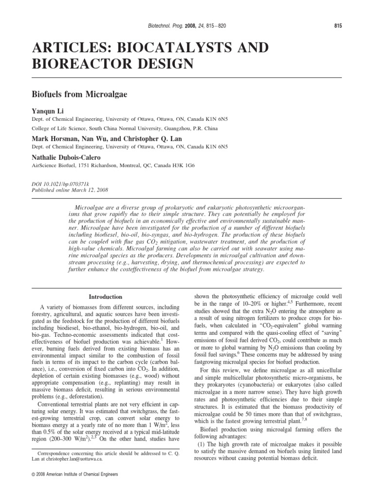 Biodiesel Production from Microalgae | PDF | Algae Fuel | Biofuel
