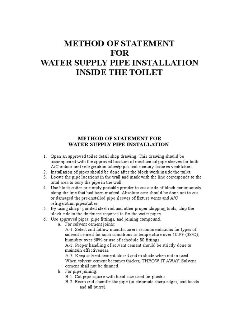 MOS For Water Supply Pipe Installation PDF Pipe (Fluid Conveyance