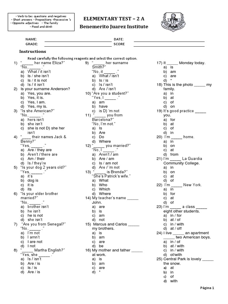 Elementary Test - 2 A Benemerito Juarez Institute: Instructions ...