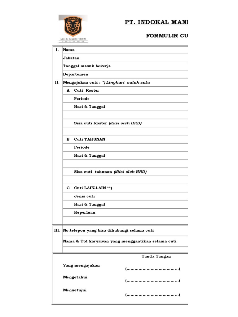 Form Cuti Roster Karyawan | PDF