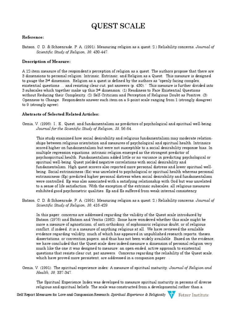 Quest Scale for Measuring Religiosity | PDF | Spirituality | Religious ...