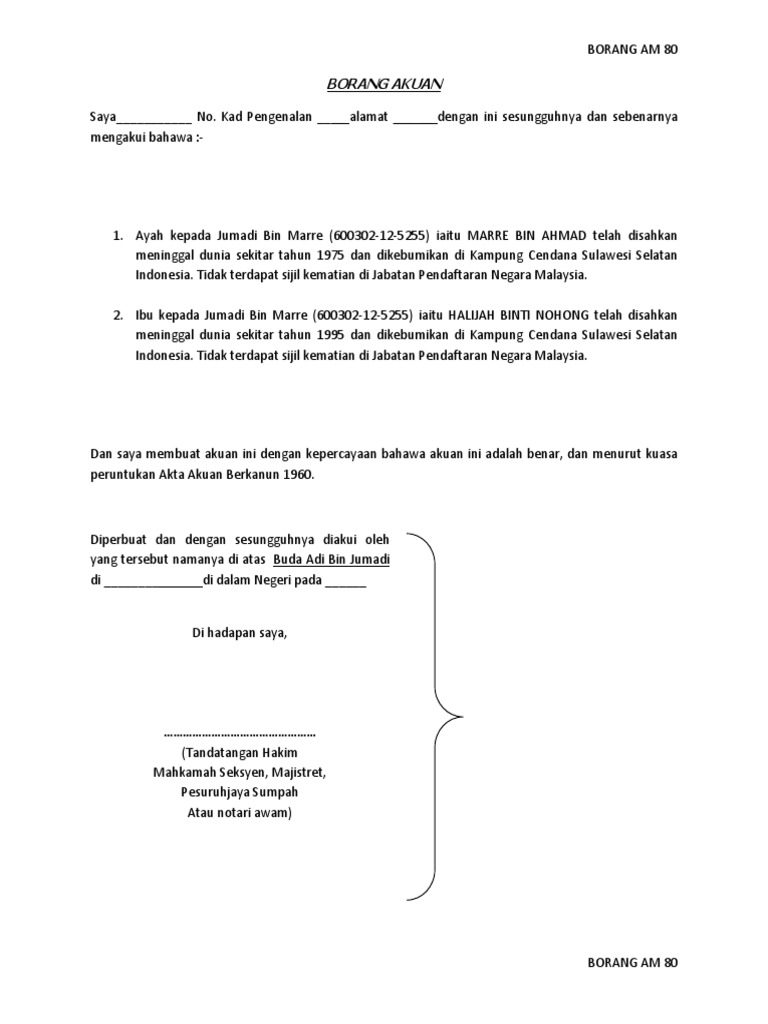 Contoh Borang Akuan Sumpah4 133 felda serting hilir 3 72120 bandar seri jempol nsdk.