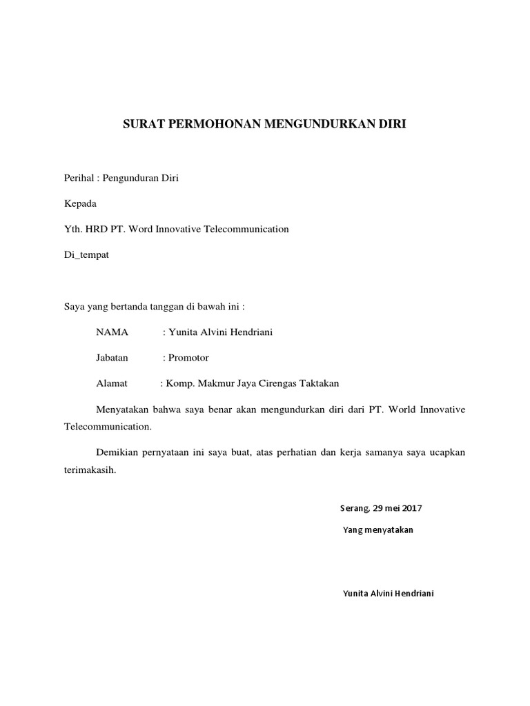 Surat Permohonan Mengundurkan Diri