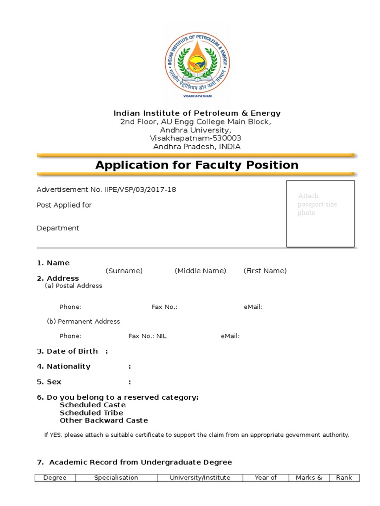 Appln Format Fac Recruitment | PDF | Thesis | Doctor Of Philosophy