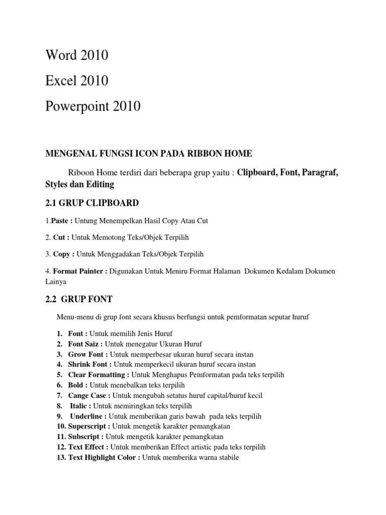 Mengenal Fungsi Icon Pada Ribbon Home Word 2010 PDF
