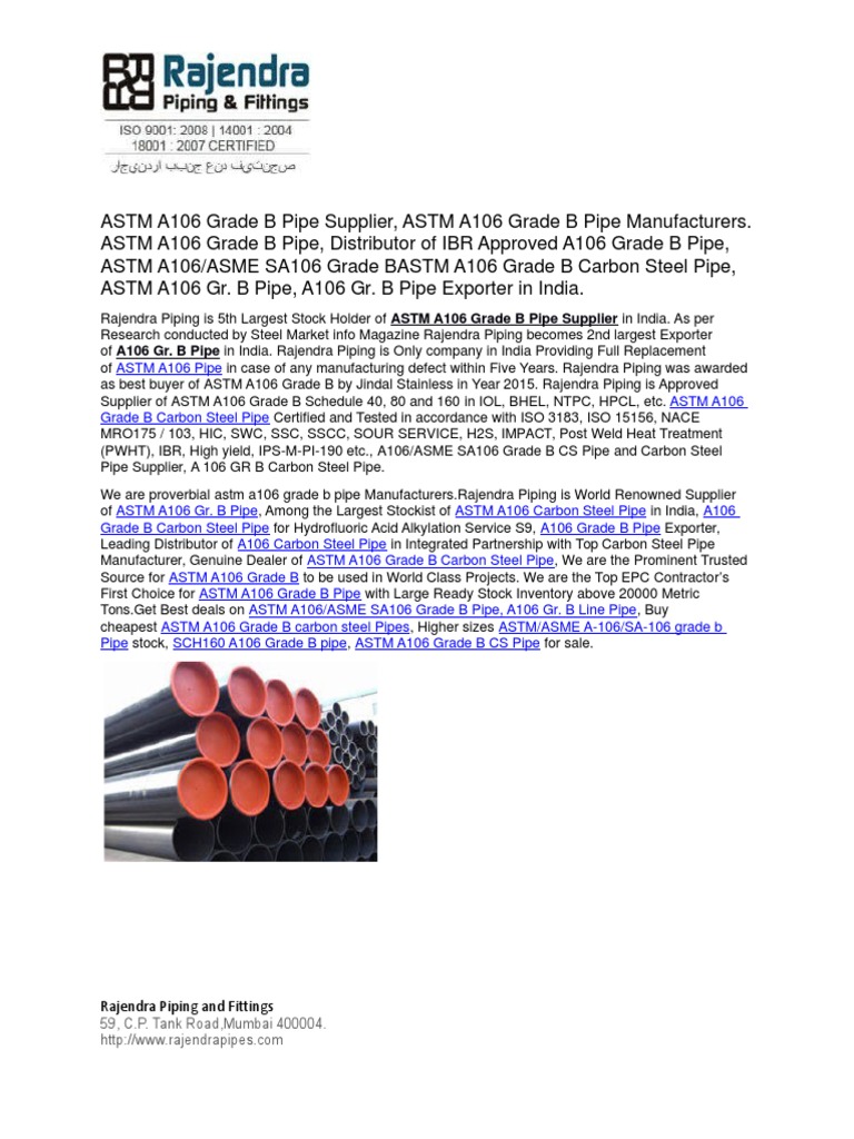 ASTM A106 Grade B Pipe Supplier | PDF | Pipe (Fluid Conveyance) | Home ...