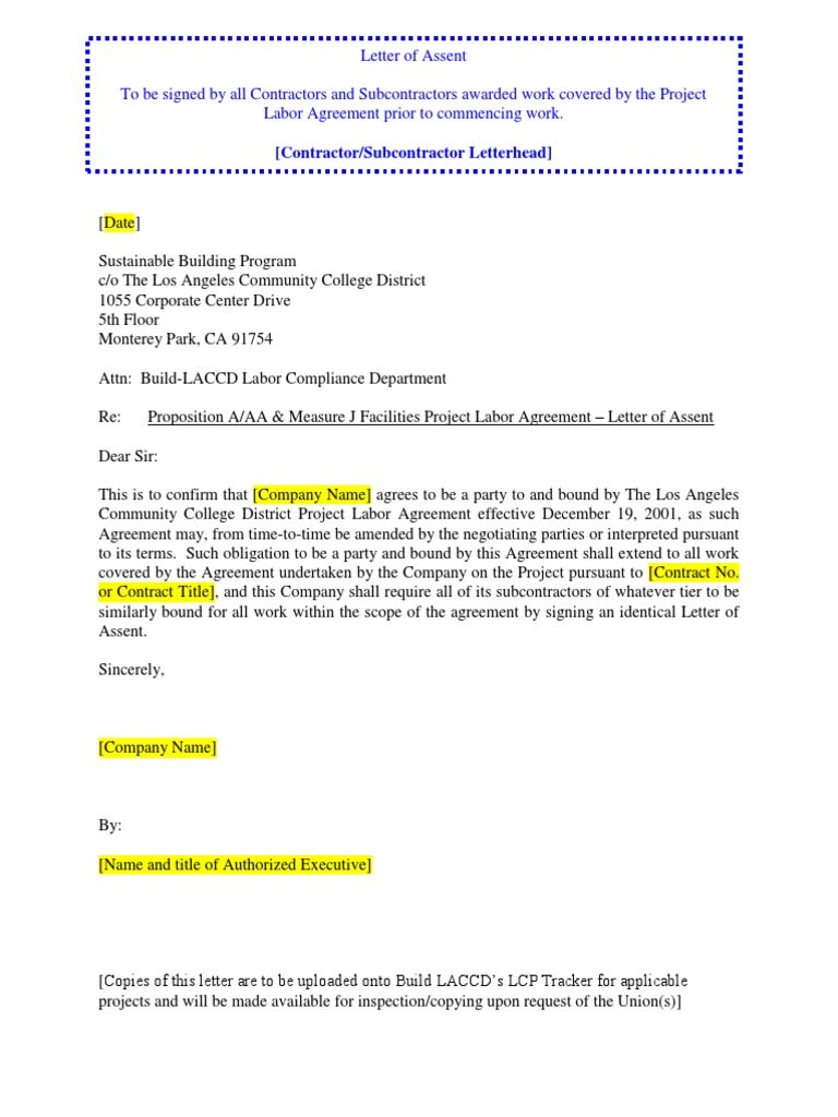 Letter of Assent for PLA Agreement | PDF | Legal Documents | Private Law