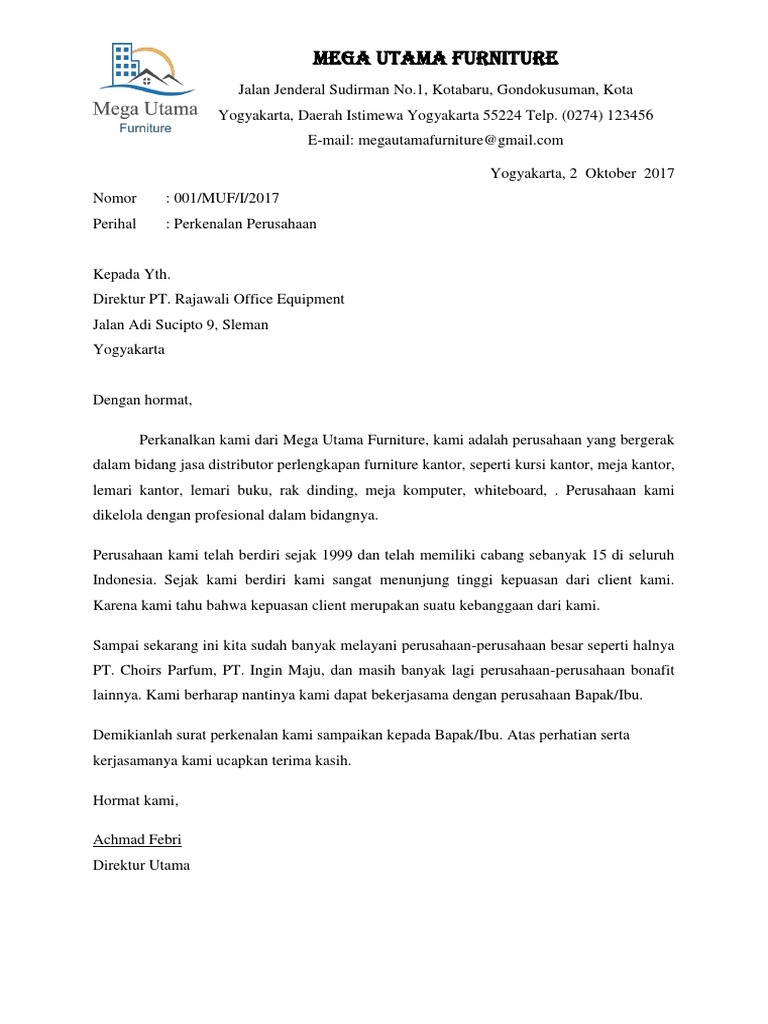 Contoh Surat Perkenalan Perusahaan