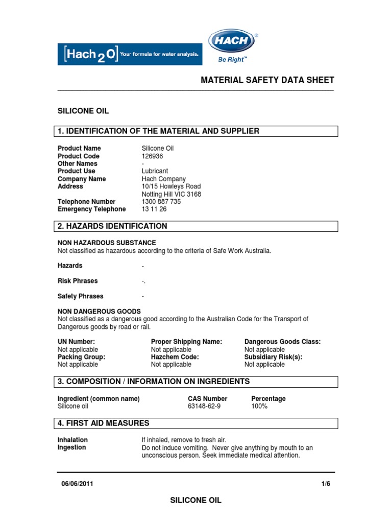 KH1402.Silicone Oil HACH.126936.6.6.11 PDF Dangerous Goods Safety