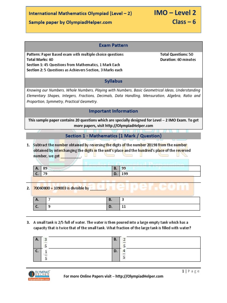 Class 6 Imo 4 Years Sample Paper | PDF | Integer | Test (Assessment)