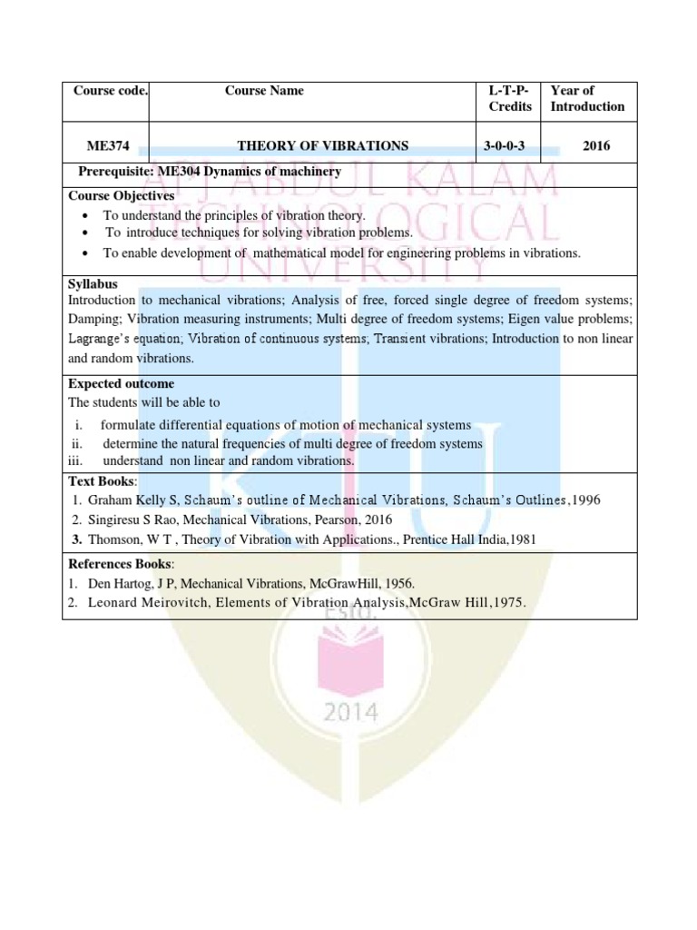 Theory of Vibrations Course Overview | PDF | Mechanical Engineering ...