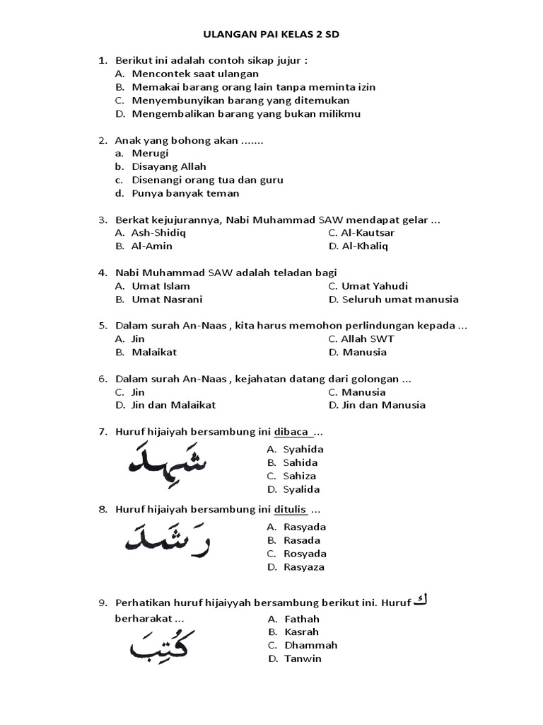 Contoh Soal Agama Kelas 2 Sd Mid Semester 1 - Soal Kelasmu