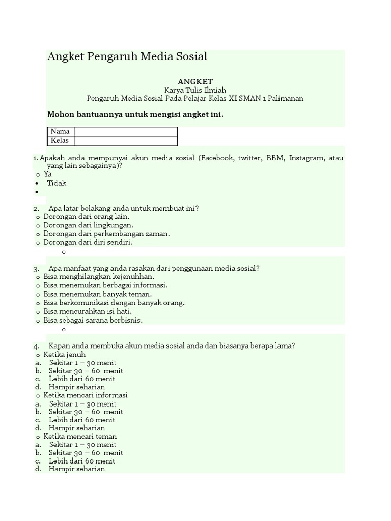 Angket Pengaruh Media Sosial | PDF