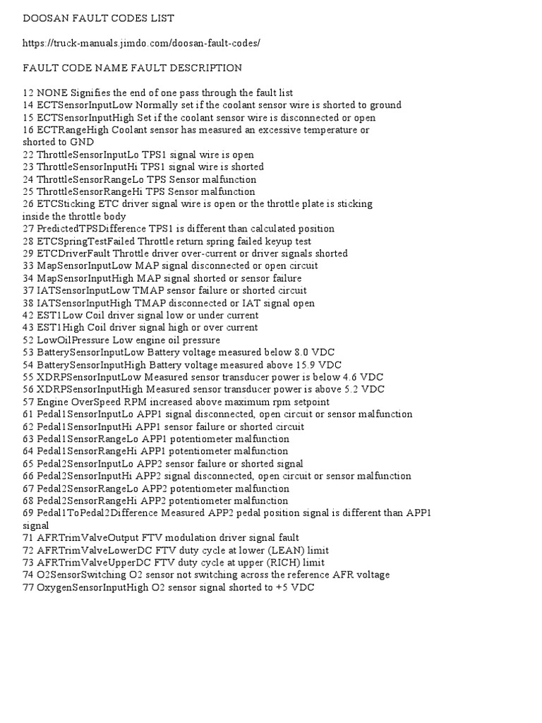 Doosan Fault Codes List PDF Throttle Sensor