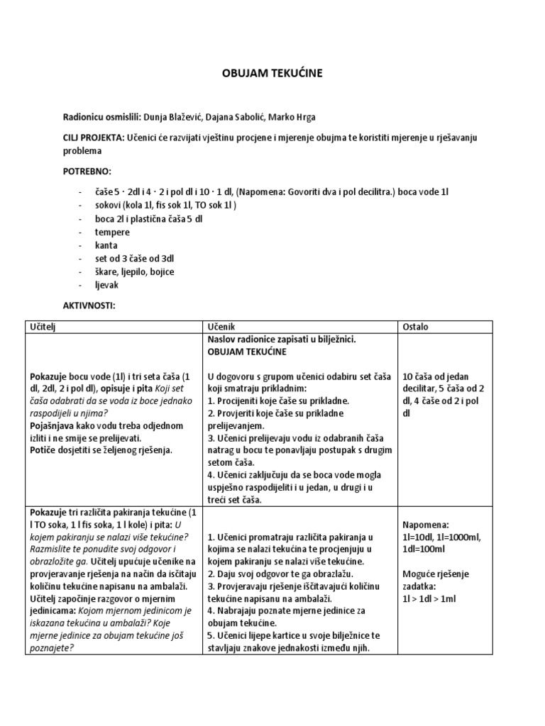 Obujam Tekućine - Radionica | PDF