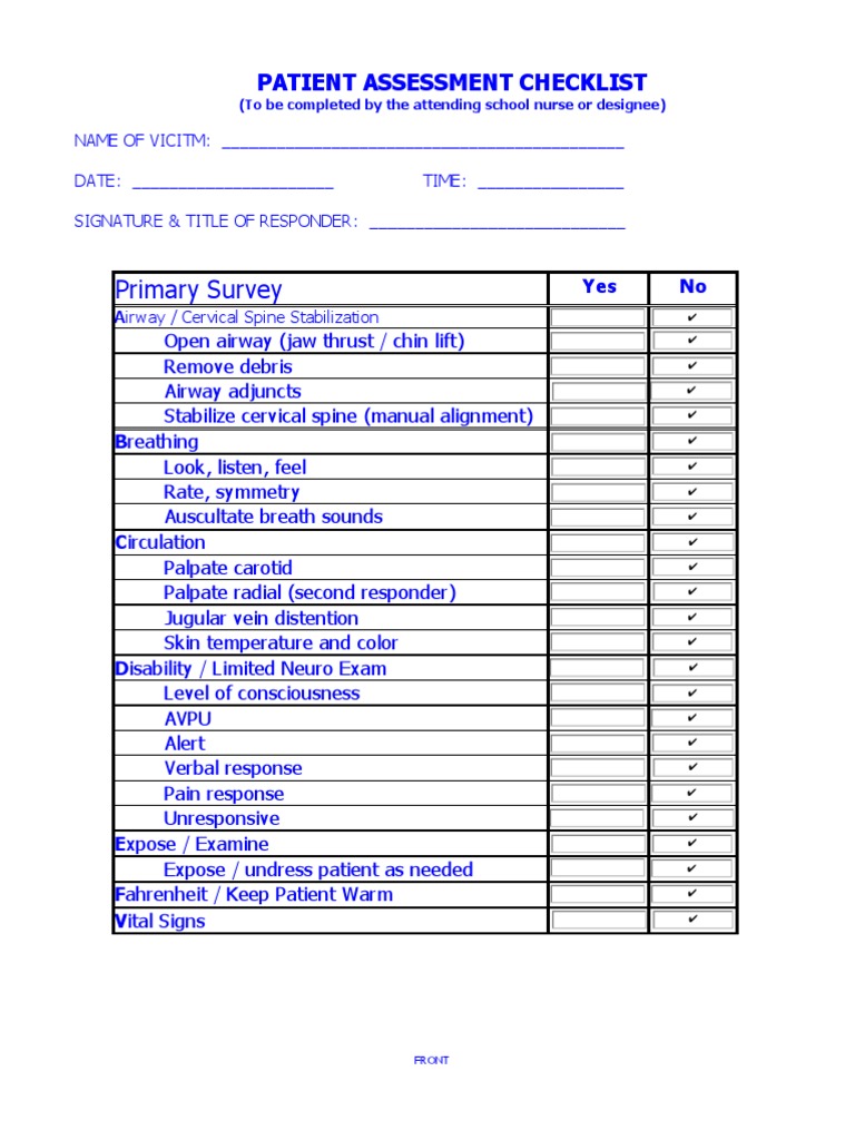 Patient Assessment Checklist PDF Breathing Pain
