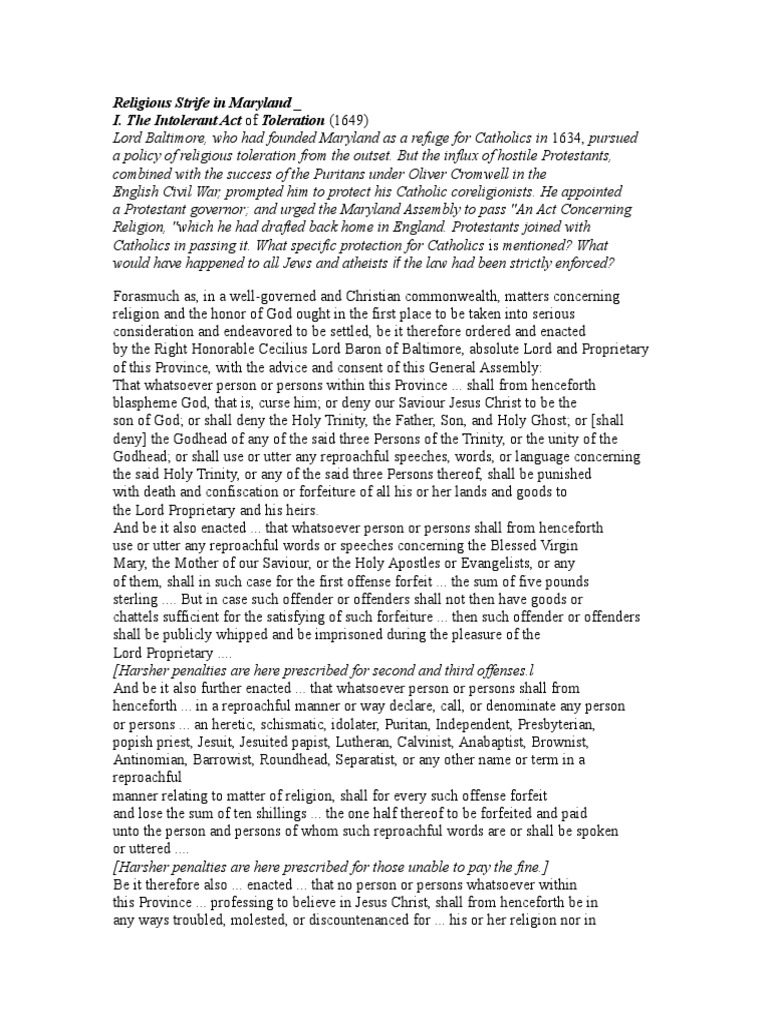 Maryland Act of Toleration PDF Toleration Abrahamic Religions