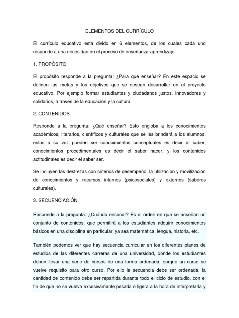 Elementos Del Currículo | PDF | Plan de estudios | Evaluación