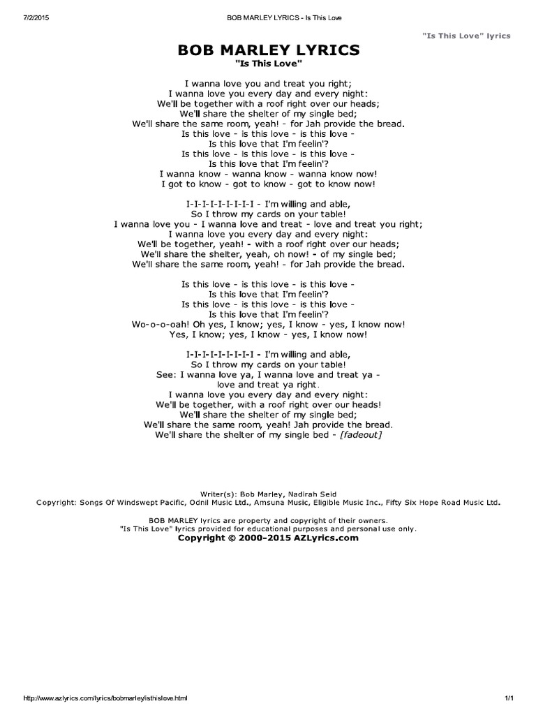 Bob Marley Is This Love Paroles