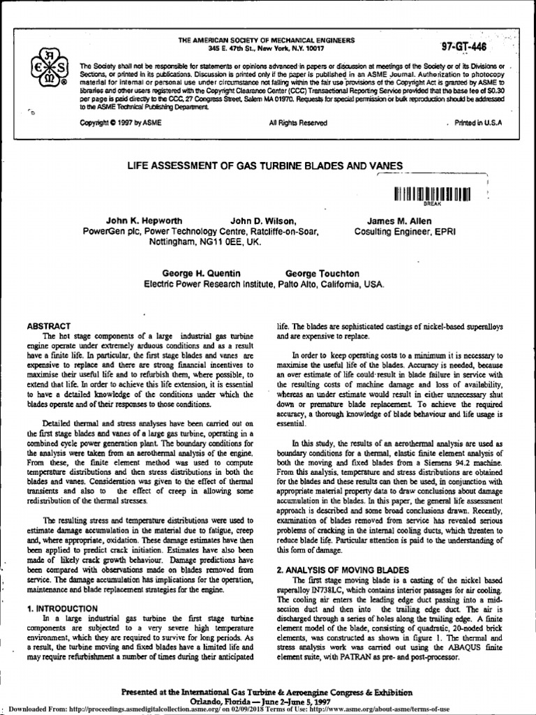 Life Assessment of Gas Turbine Blades and Vanes | PDF | Fatigue ...