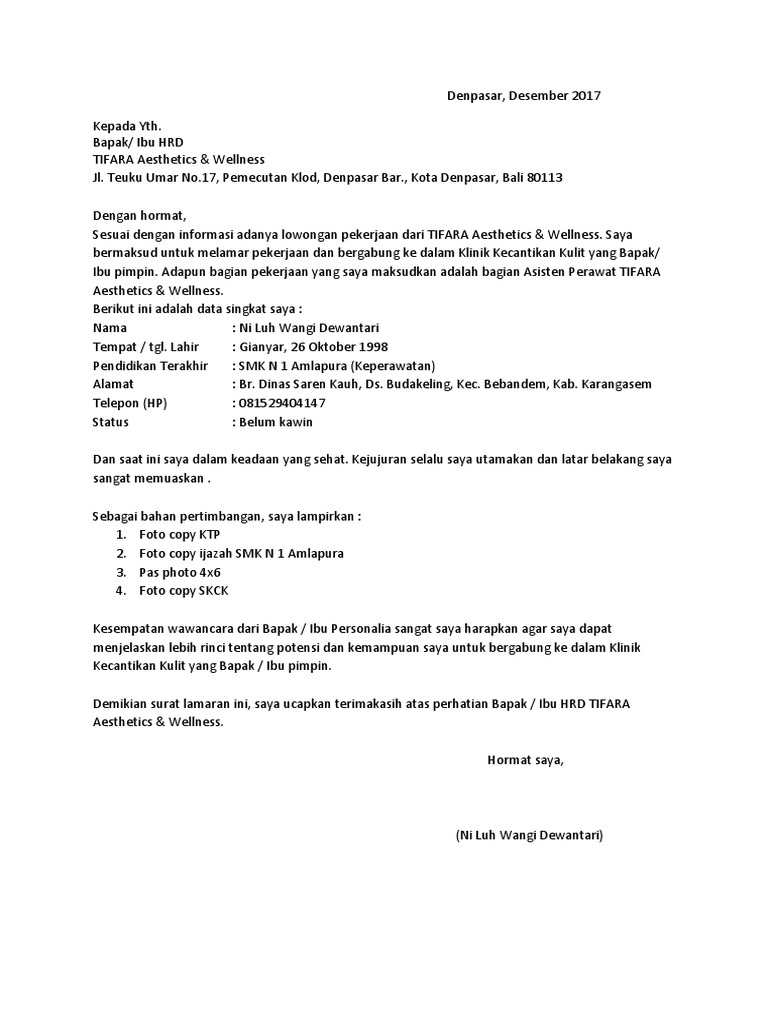33 Contoh Surat Lamaran Kerja Klinik Kecantikan