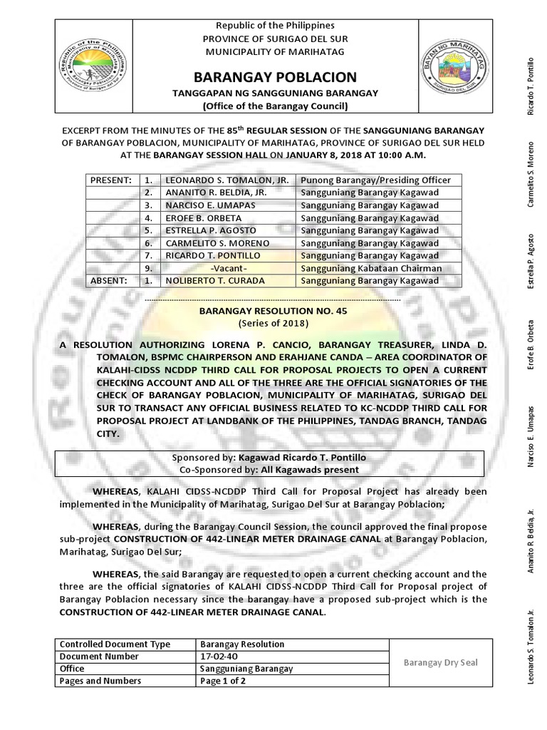 Barangay Resolution for Drainage Project | PDF | Philippines | Government