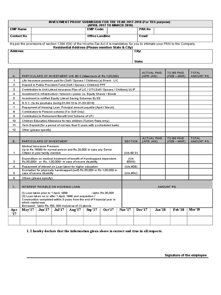Investment Proof Submission Form 201718 PDF Loans Taxes