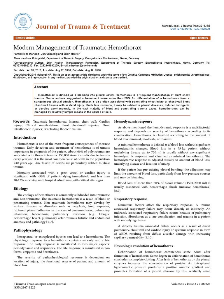 Modern Management of Traumatic Hemothorax 2167 1222 1000326 PDF