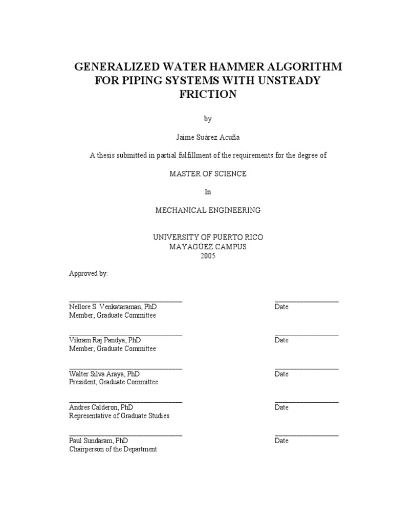 Unsteady Friction in Pipe Systems Analysis | PDF | Fluid Dynamics ...