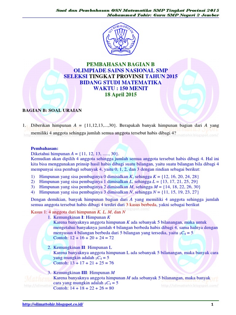Soal Dan Pembahasan Osn Matematika Smp Tingkat Provinsi 2015
