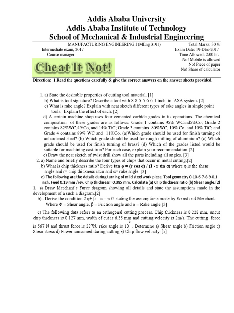 Manufacturing Engineering Exam 2017 | PDF | Machining | Shear Stress