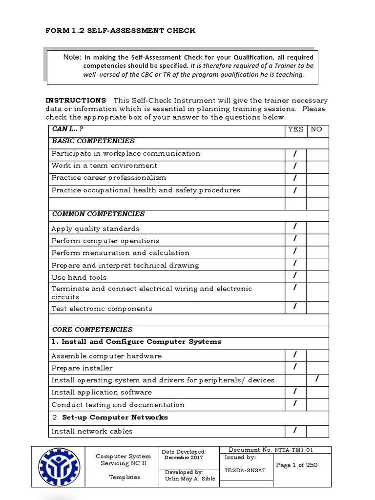 Self-Assessment for Computer Servicing NC II | PDF | Computer Network ...