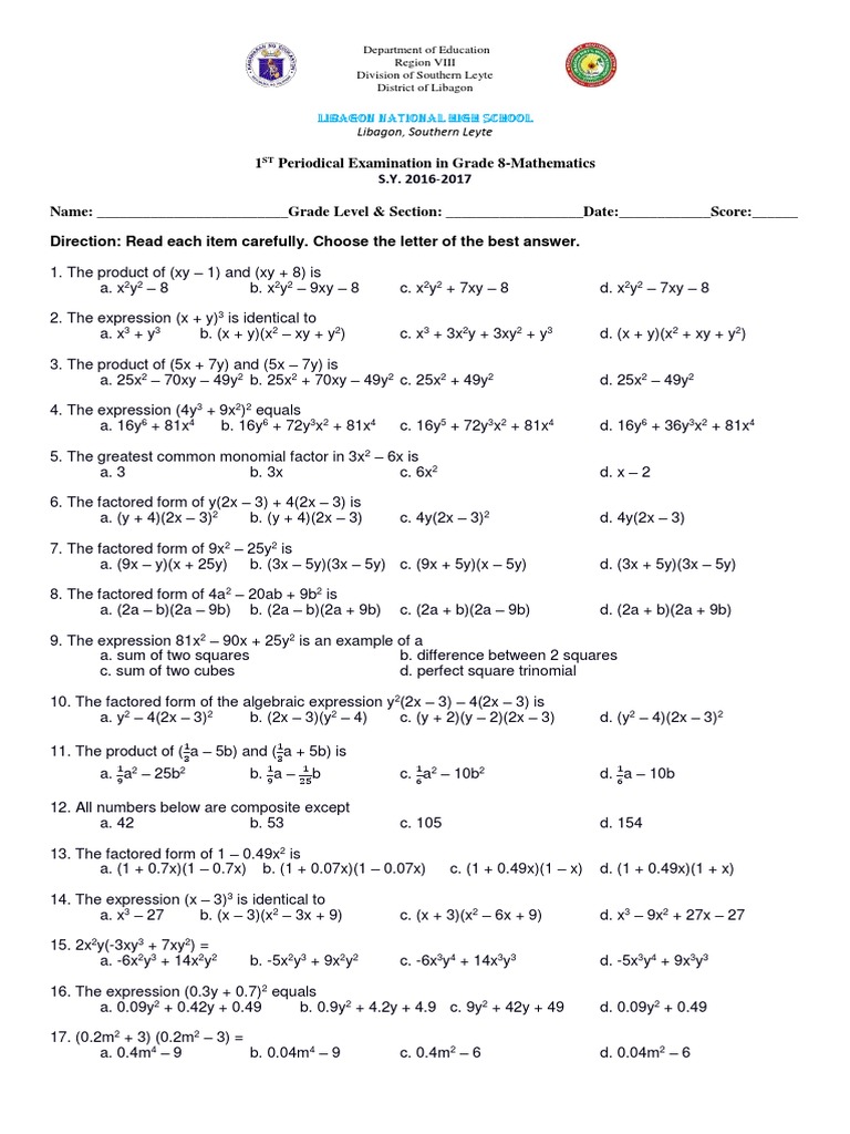 Grade 8 Math 1st Periodical Exam | PDF | Mathematical Objects ...