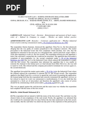 2001 01 17 2001 2 Clj 1 Clara Tai Saw Lan V Kurnia Insurance Malaysia Berhad Ed Certiorari Judgment Law