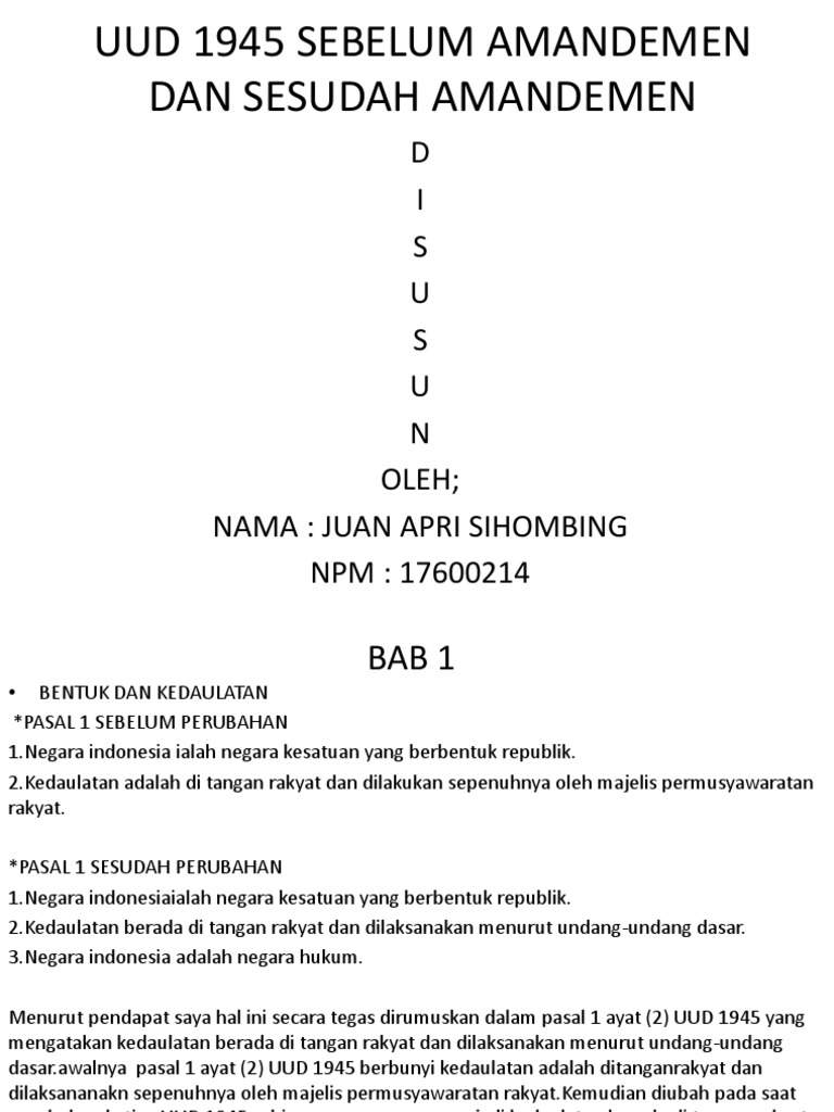 Uud 1945 Sebelum Amandemen Dan Sesudah Amandemen