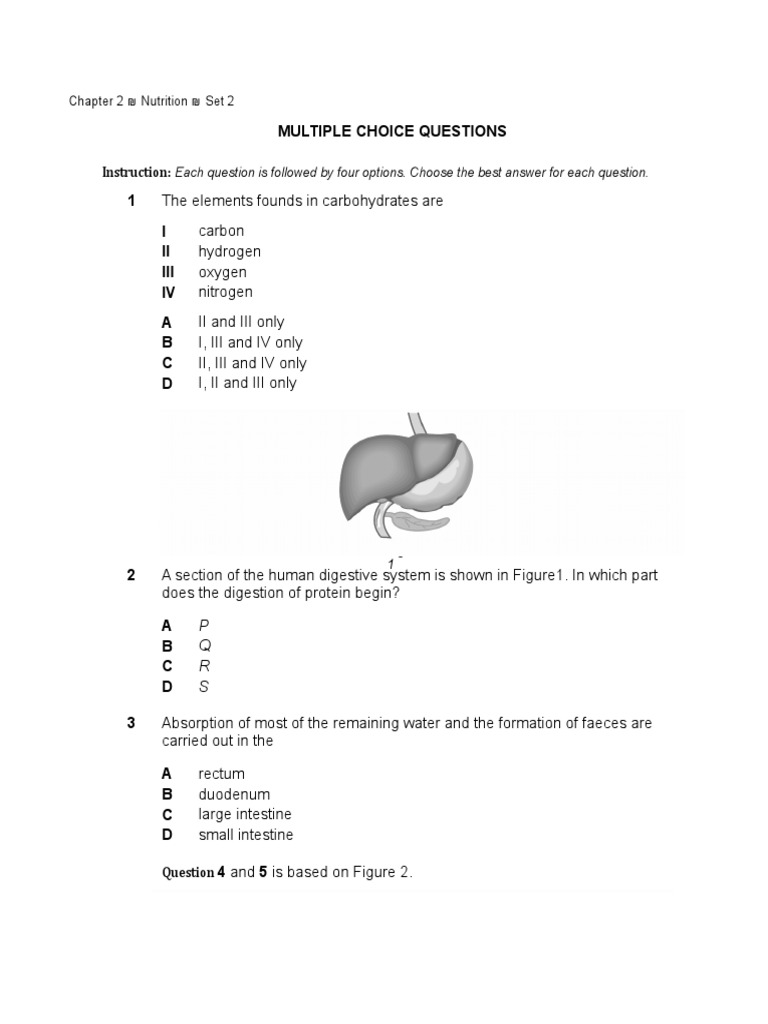 Multiple Choice Questions Instruction Digestion Gastrointestinal Tract