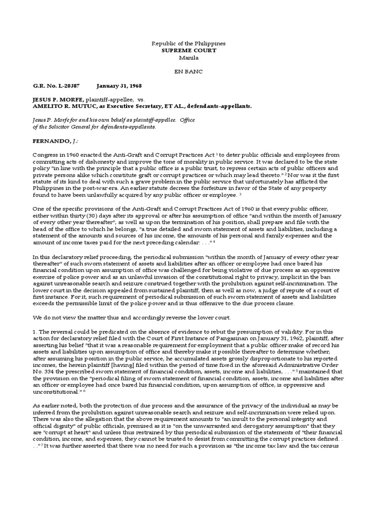 Morfe v. Mutuc, 22 SCRA 424 PDF Search And Seizure Due Process Clause