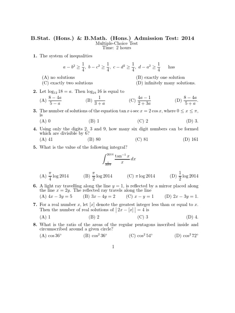 2014 B.Stat. & B.Math. Admission Test | PDF | Empty Set | Mathematical ...