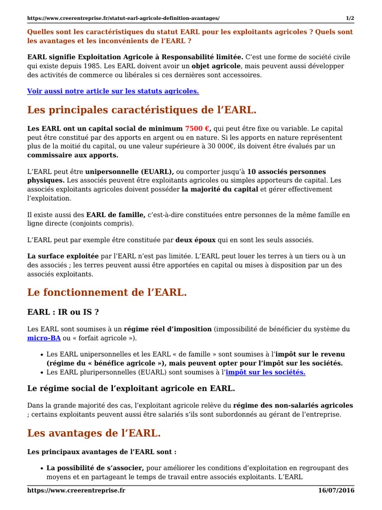 Statut Earl Agricole Definition Avantages | PDF | Impôts | Entrepreneur indépendant