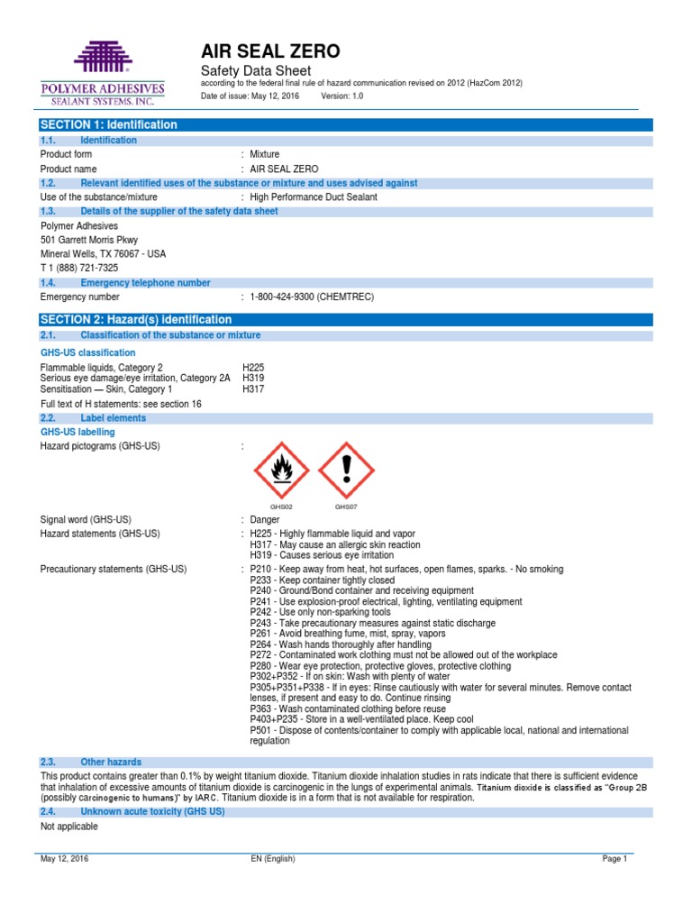 SDS Eng Air Seal Zero 06 16 PDF Dangerous Goods Firefighting
