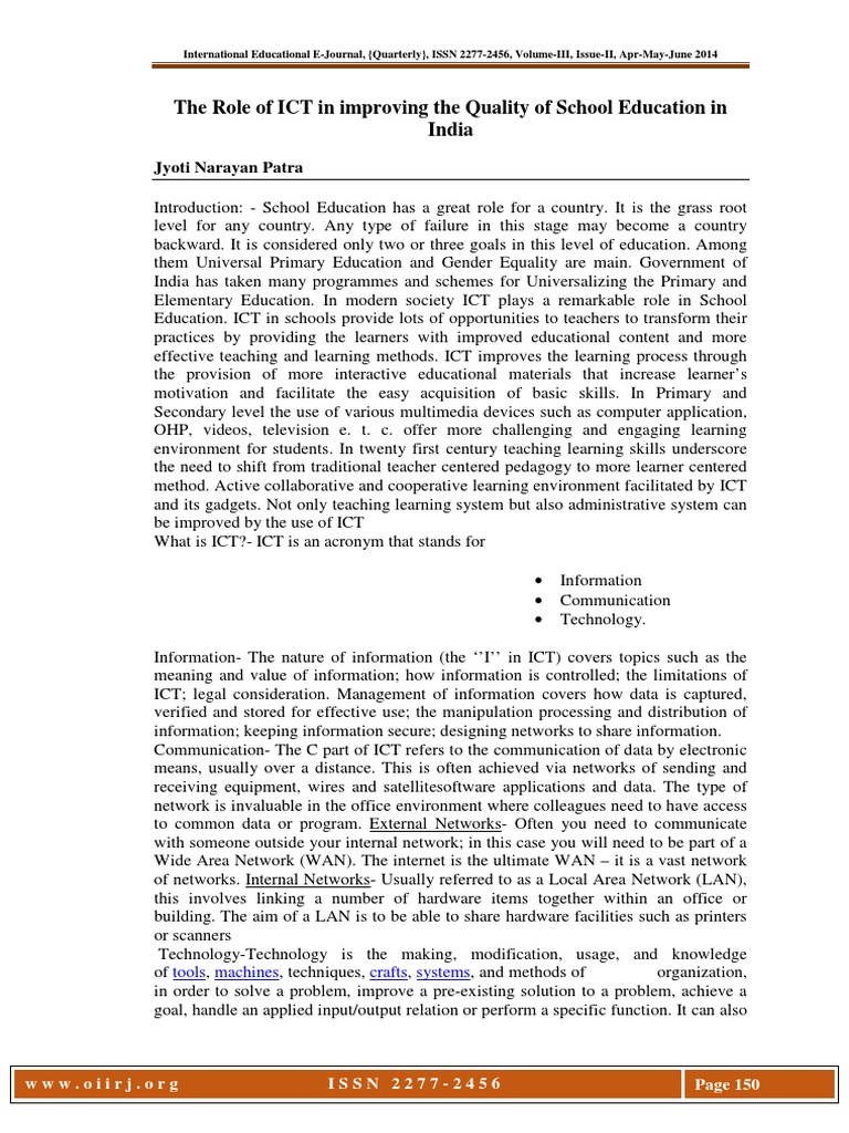 The Role of ICT in Improving The Quality of School Education in India ...