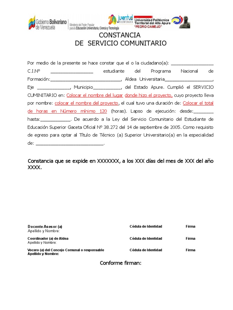 Modelo Constancia de Servicio Comunitario