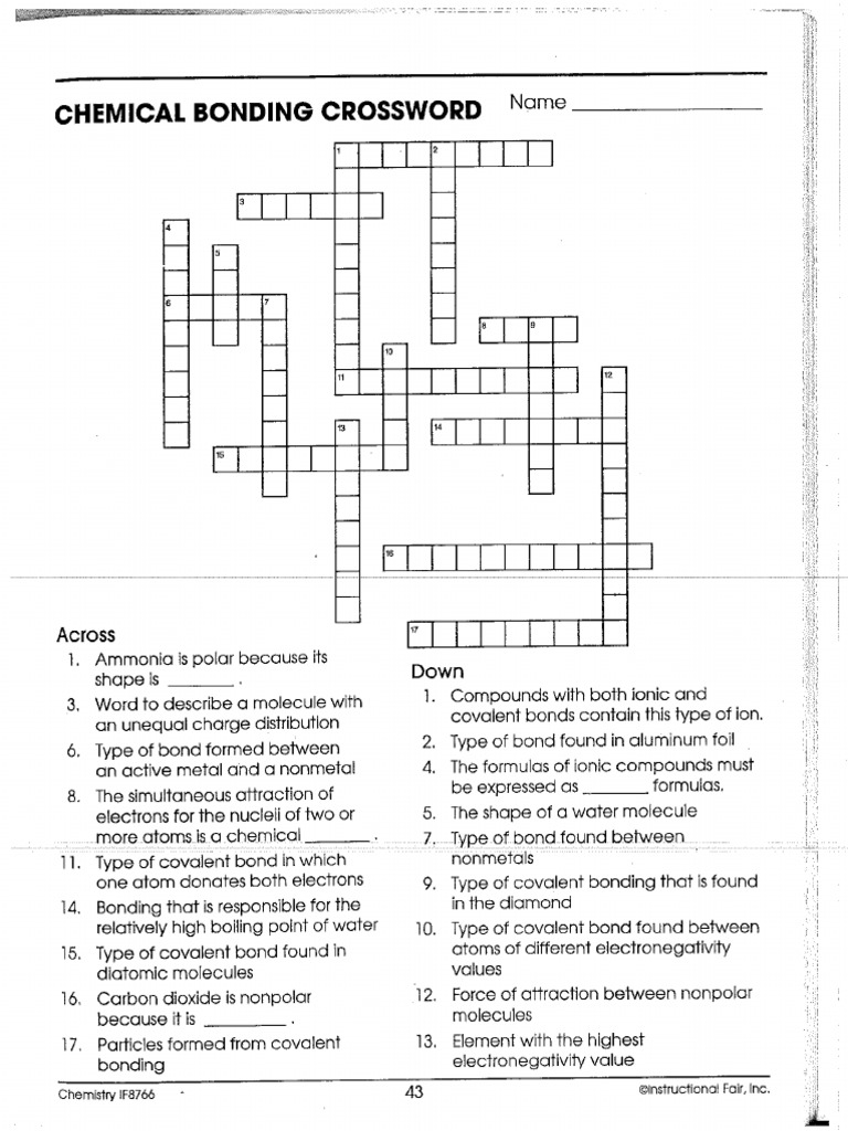 Chemical Bonding Crossword Puzzle PDF  PDF Regarding Chemical Bonding Worksheet Answers