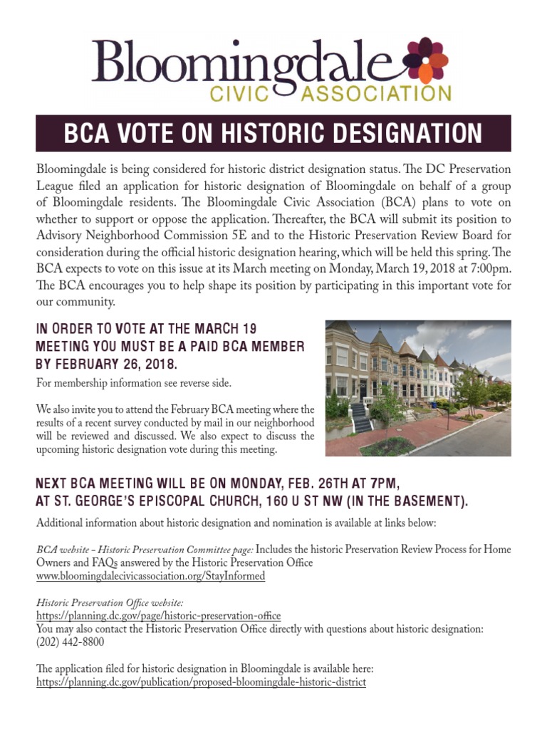 Bloomingdale Civic Association vote on historic designation flyer 2018