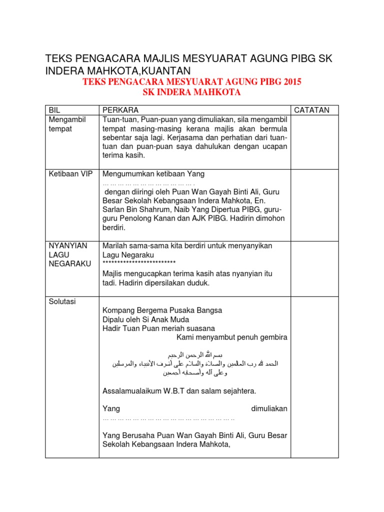 Contoh Teks Pengacara Majlis Mesyuarat Agung Pibg Sk Indera Mahkota Pdf