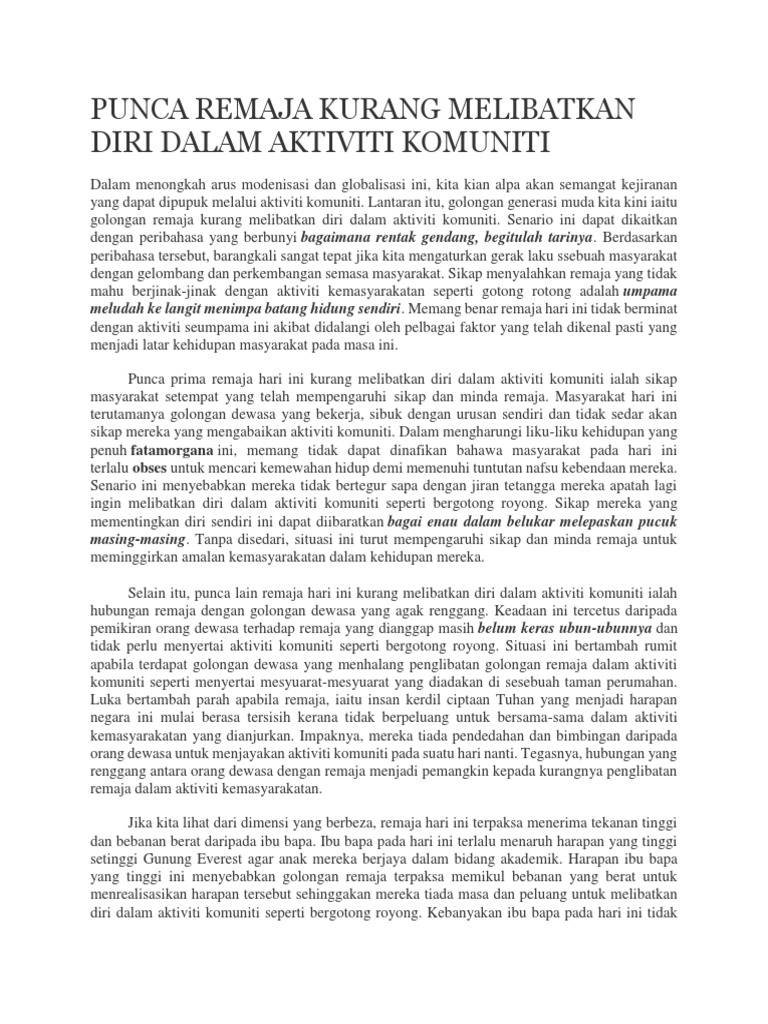 Punca Remaja Kurang Melibatkan Diri Dalam Aktiviti Komuniti Pdf