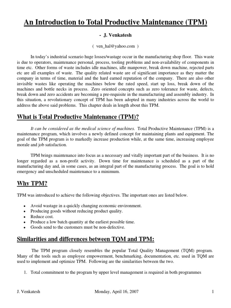 An Introduction To Total Productive Maintenance (TPM) | PDF ...